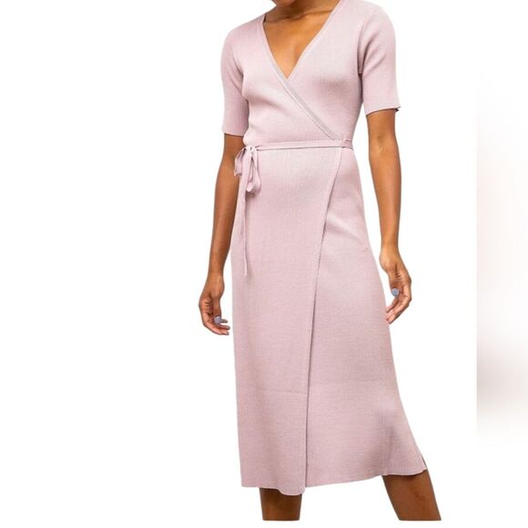 Modern Citizen Knit Ribbed Sweater Wrap Dress Short Sleeve Midi Small Dusty Rose - Picture 1 of 15